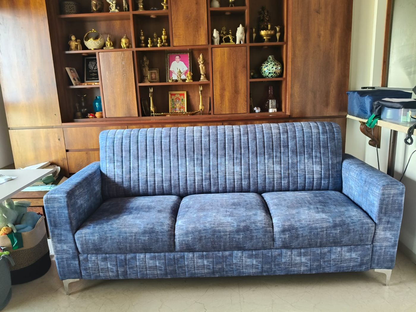 Denim blue channel-stitched three-seater sofa