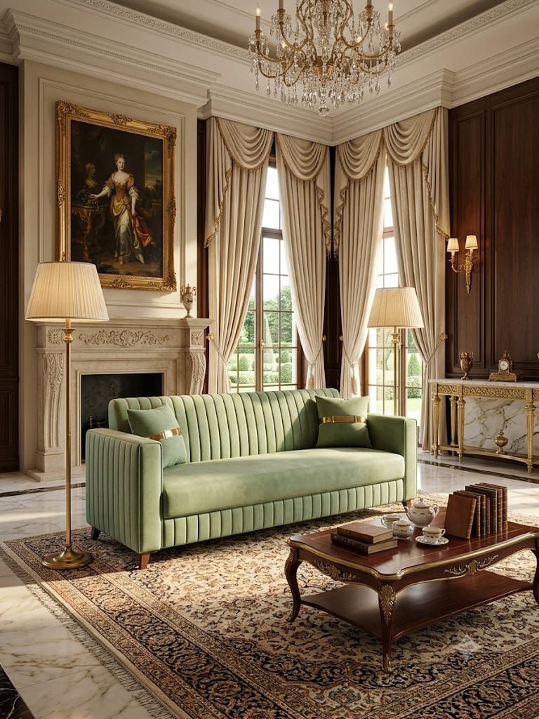 Sage channel-tufted sofa in a classic drawing room