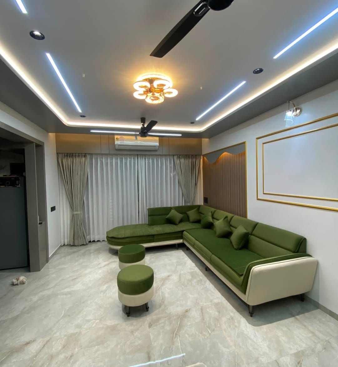 Olive and ivory L-shaped sofa with ottomans