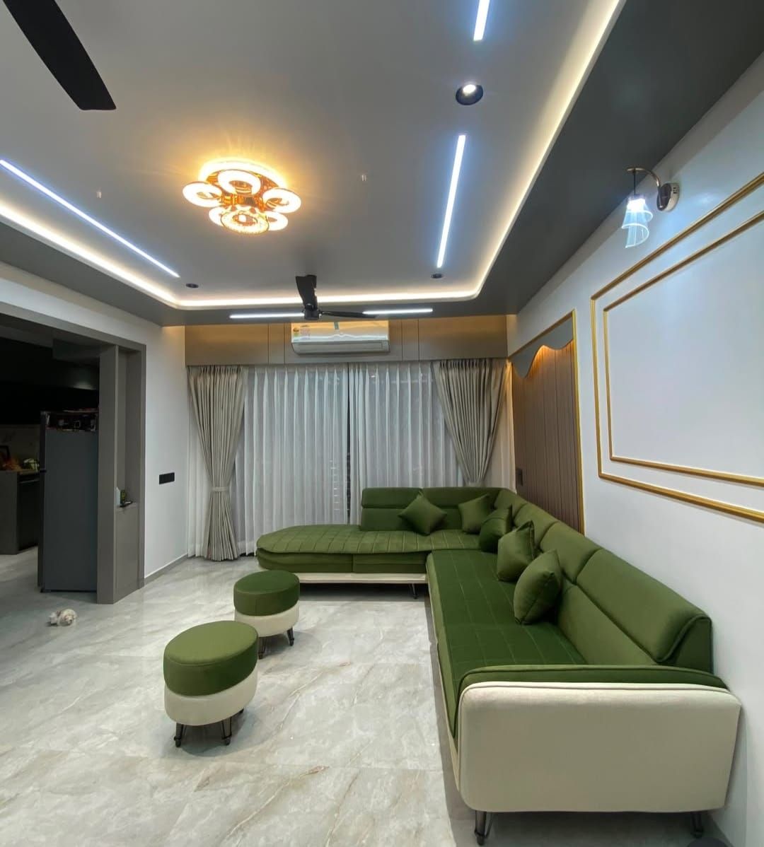Olive and ivory L-shaped sofa in a modern living room
