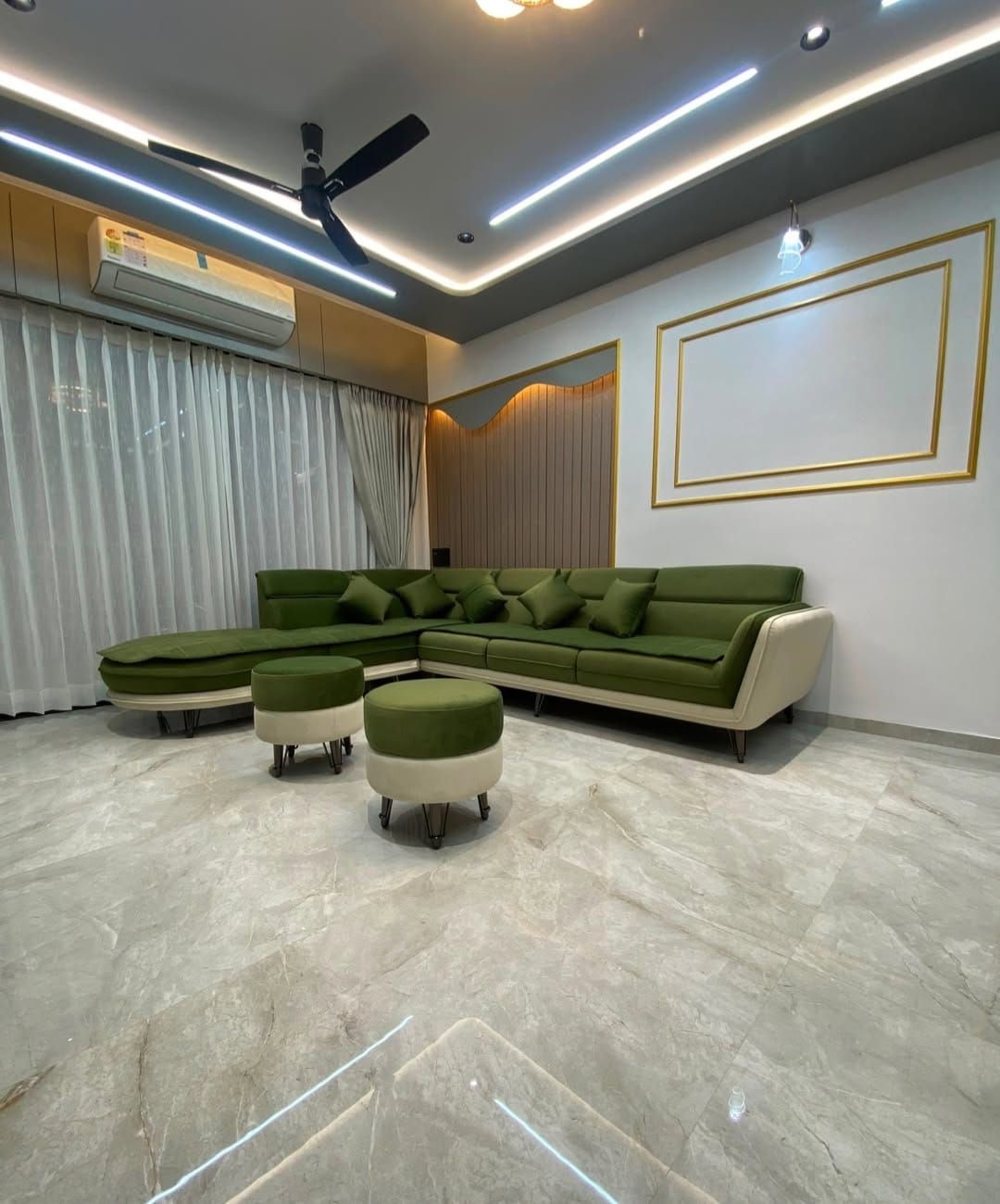 Olive velvet L-shaped sectional with round ottomans