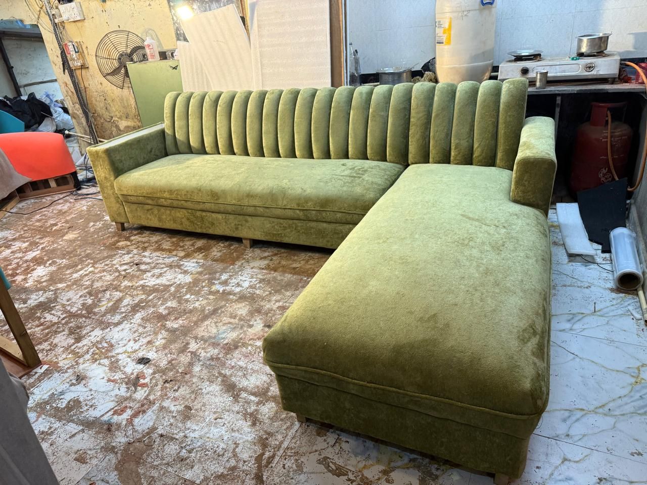 Olive channel-tufted L-shaped sofa